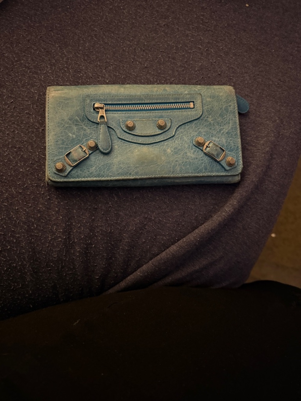 Balenciaga Teal Leather Zip-Around Wallet